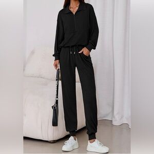 Women's Black Ribbed Wide-Leg Lounge Pants with Drawstring